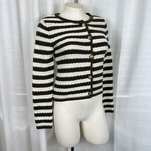 Mango MNG Striped Chunky Knitted Cardigan Sweater Gold Button Women's S Preppy